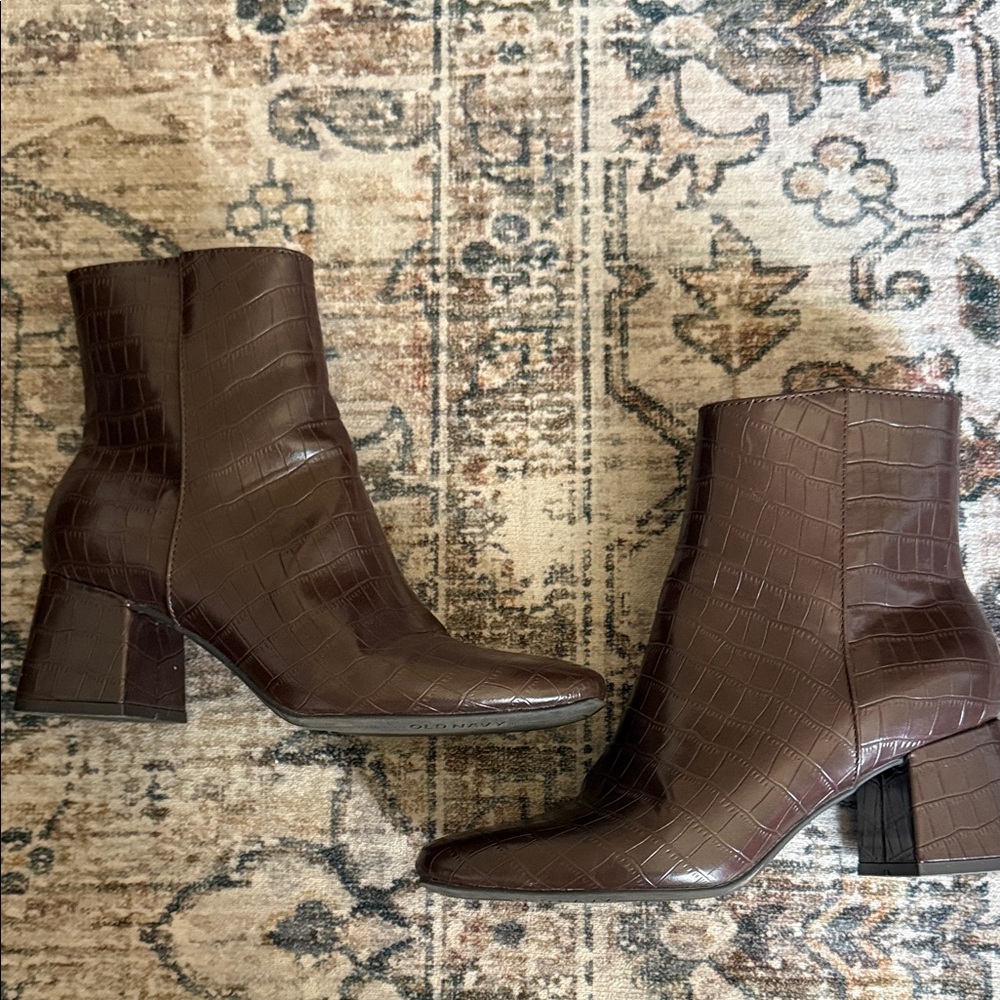 Elegant Brown Faux Leather Croc-Embossed Ankle Boots